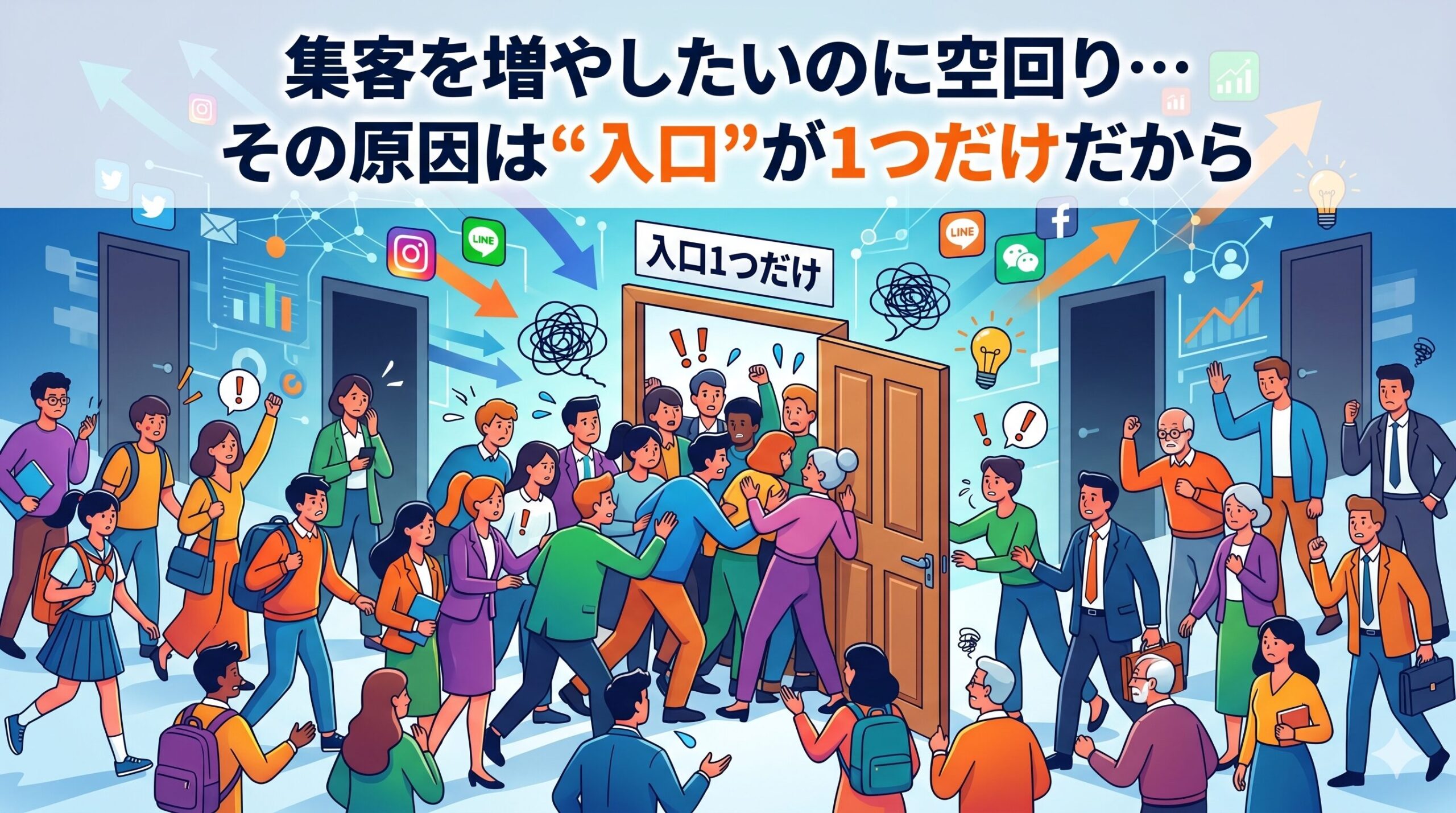 「集客を増やしたいのに空回り…その原因は"入口"が1つだけだから」というタイトルとともに、多様な人々が「入口1つだけ」と書かれたドアに殺到し大混雑しているイラスト。背景にはSNSアイコンとデータグラフが描かれている。