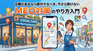 「店舗があるなら絶対やるべき。今さら聞けないMEO対策のやり方入門」というタイトルと、実際のカフェ店舗とマップアプリ上で高評価表示されているスマホ画面、そして笑顔の女性スタッフが描かれたイラスト