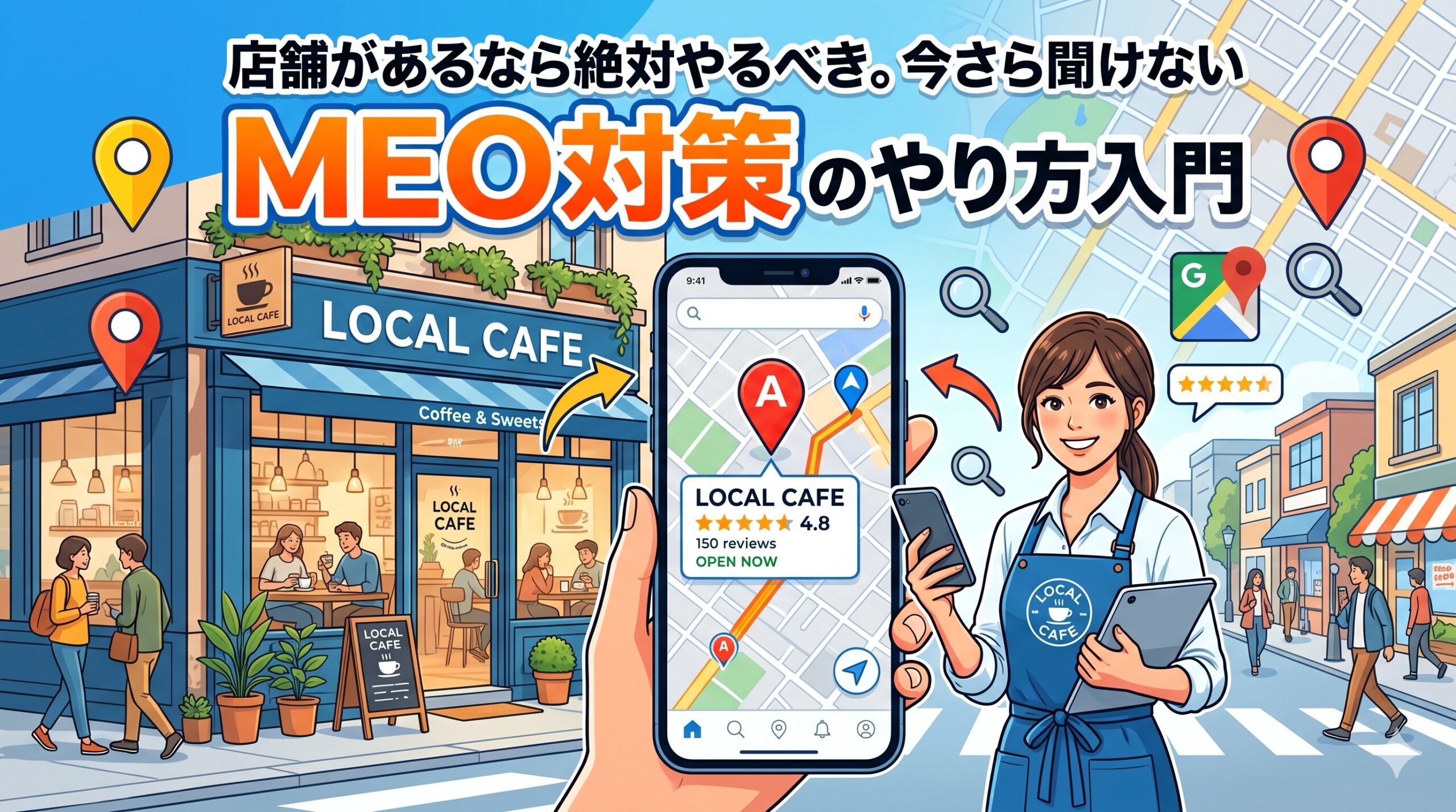 「店舗があるなら絶対やるべき。今さら聞けないMEO対策のやり方入門」というタイトルと、実際のカフェ店舗とマップアプリ上で高評価表示されているスマホ画面、そして笑顔の女性スタッフが描かれたイラスト