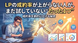 「LPの成約率が上がらない人が、まだ試していない"たった1つ"」というブログ記事のアイキャッチ画像。左側にはパソコンの前で成約率の低さに悩む男性、右側には右肩上がりのグラフや成功を示すアイコンが描かれ、中央に解決策を象徴する光り輝く「たった1つ」の鍵が配置されている。
