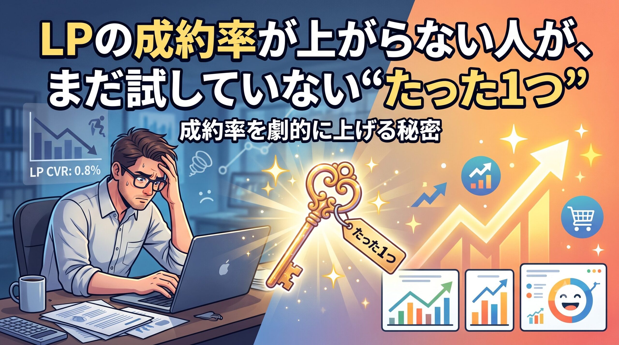 「LPの成約率が上がらない人が、まだ試していない"たった1つ"」というブログ記事のアイキャッチ画像。左側にはパソコンの前で成約率の低さに悩む男性、右側には右肩上がりのグラフや成功を示すアイコンが描かれ、中央に解決策を象徴する光り輝く「たった1つ」の鍵が配置されている。