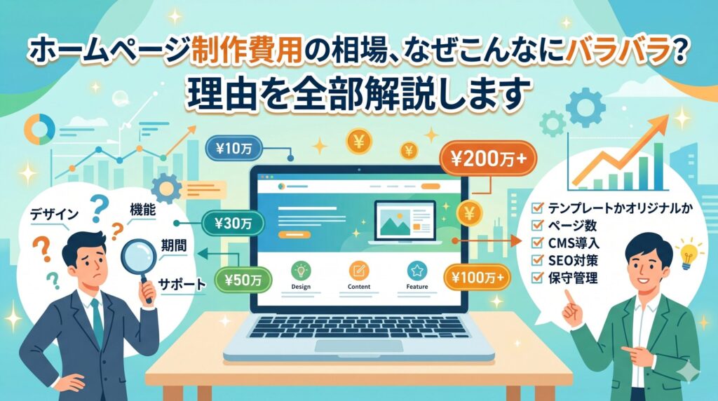 「ホームページ制作費用の相場、なぜこんなにバラバラ？理由を全部解説します」というタイトルと共に、制作費用の内訳（デザイン、機能など）に悩む担当者と、価格差の理由（ページ数、CMS導入など）を解説する専門家が描かれたイラスト