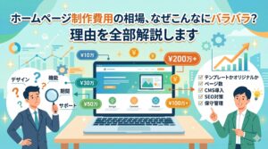 「ホームページ制作費用の相場、なぜこんなにバラバラ？理由を全部解説します」というタイトルと共に、制作費用の内訳（デザイン、機能など）に悩む担当者と、価格差の理由（ページ数、CMS導入など）を解説する専門家が描かれたイラスト