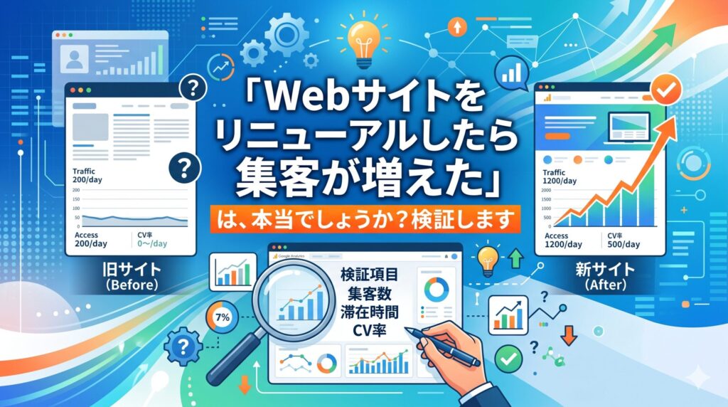 Webサイトのリニューアル前後を比較したアクセス解析データやグラフが表示されており、中央に「『Webサイトをリニューアルしたら集客が増えた』は、本当でしょうか？検証します」という文字が配置された、Webマーケティング解説記事用のイラストさり。
