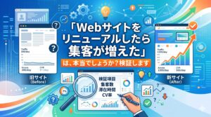 Webサイトのリニューアル前後を比較したアクセス解析データやグラフが表示されており、中央に「『Webサイトをリニューアルしたら集客が増えた』は、本当でしょうか？検証します」という文字が配置された、Webマーケティング解説記事用のイラストさり。