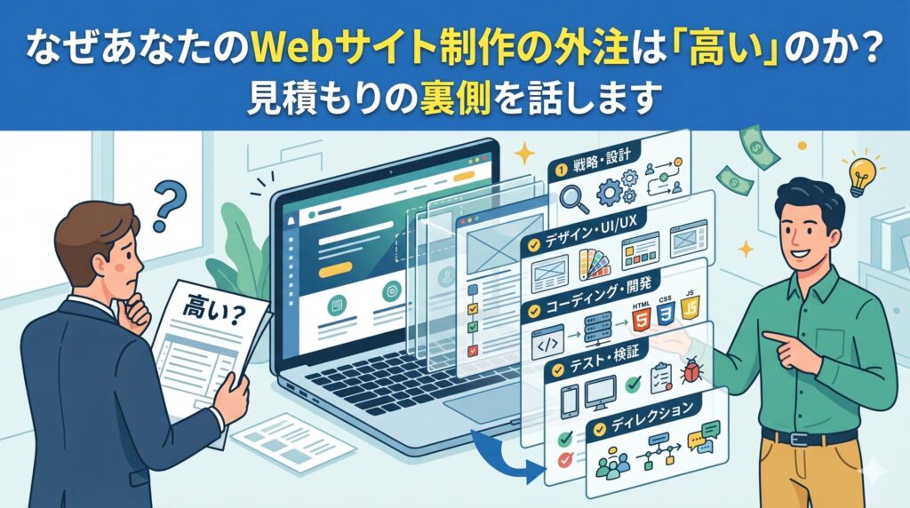 Webサイト制作の外注費用が高い理由と見積もりの裏側を解説するブログ用アイキャッチ画像。「高い？」と悩む顧客に対し、制作者が戦略設計、デザイン、コーディング、テスト、ディレクションといった実際の制作工程を図解で説明している様子。
