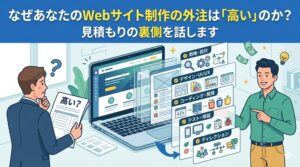 Webサイト制作の外注費用が高い理由と見積もりの裏側を解説するブログ用アイキャッチ画像。「高い？」と悩む顧客に対し、制作者が戦略設計、デザイン、コーディング、テスト、ディレクションといった実際の制作工程を図解で説明している様子。