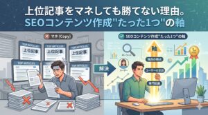 「上位記事をマネしても勝てない理由。SEOコンテンツ作成"たった1つ"の軸」というタイトルと、上位記事の真似をして成果が下がり焦る男性と、「独自の視点・ユーザーの意図・専門知識」という1つの軸を持って検索順位1位を獲得する男性を対比させたイラスト