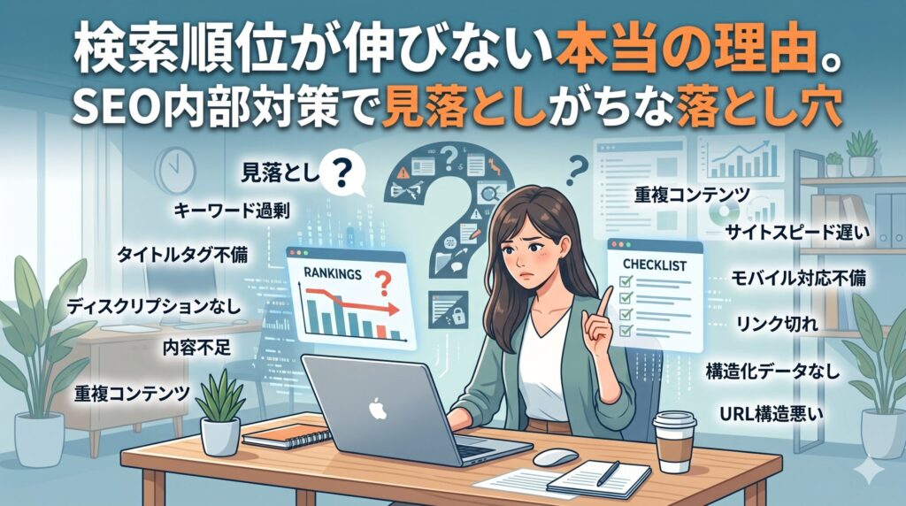 パソコンの前で検索順位の低下グラフを見て悩む女性と、「キーワード過剰」「サイトスピード遅い」などSEO内部対策の見落としポイントが周囲に浮かんでいるイラスト。