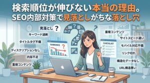 パソコンの前で検索順位の低下グラフを見て悩む女性と、「キーワード過剰」「サイトスピード遅い」などSEO内部対策の見落としポイントが周囲に浮かんでいるイラスト。