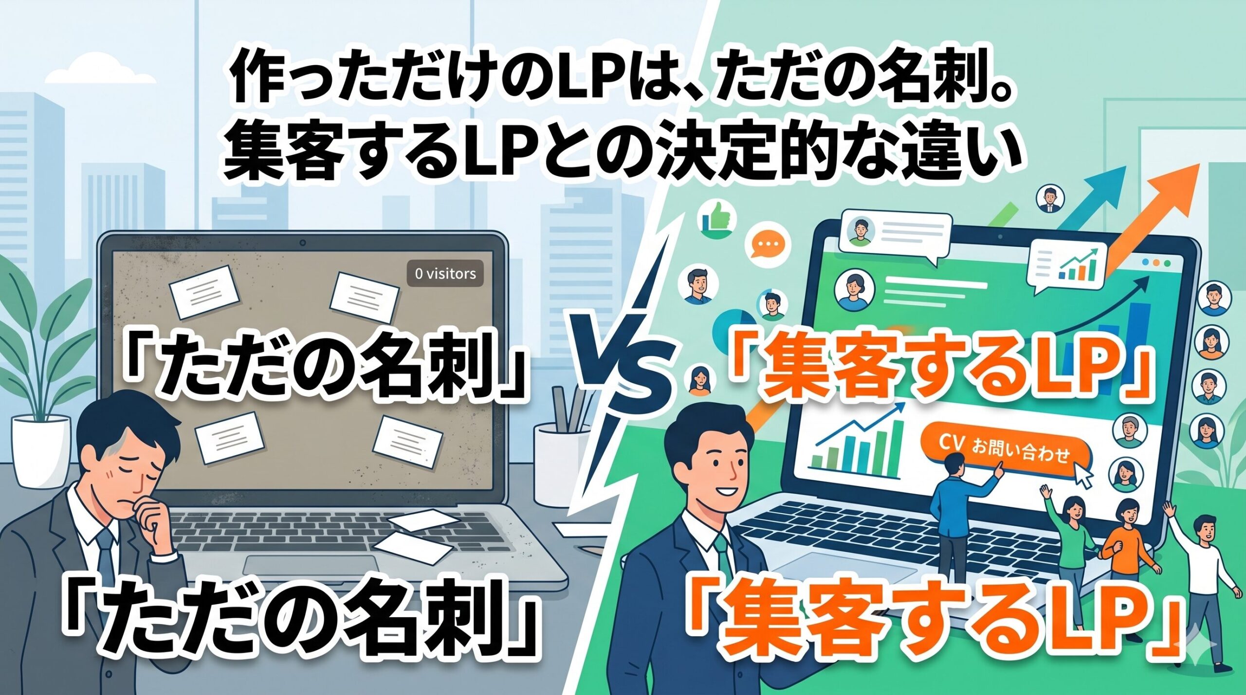 訪問者がいない「ただの名刺」状態のLPと、アクセスやコンバージョンを獲得している「集客するLP」の対比イラスト。「作っただけのLPは、ただの名刺。集客するLPとの決定的な違い」のアイキャッチ画像。