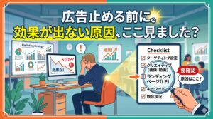 広告効果が出ずに頭を抱える男性と、改善のためのチェックリスト（ターゲティング、クリエイティブ、LP、キーワード、競合状況）が描かれたイラスト。虫眼鏡で「ランディングページ（LP）」が強調され、「広告止める前に。効果が出ない原因、ここ見ました？」というテキストが配置されている。