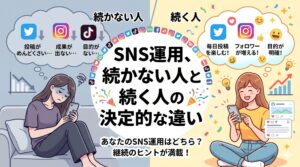 SNS運用が続かずに悩む女性と、楽しみながら継続している笑顔の女性を対比させたイラスト。中央に「SNS運用、続かない人と続く人の決定的な違い」というタイトル文字が配置されています。