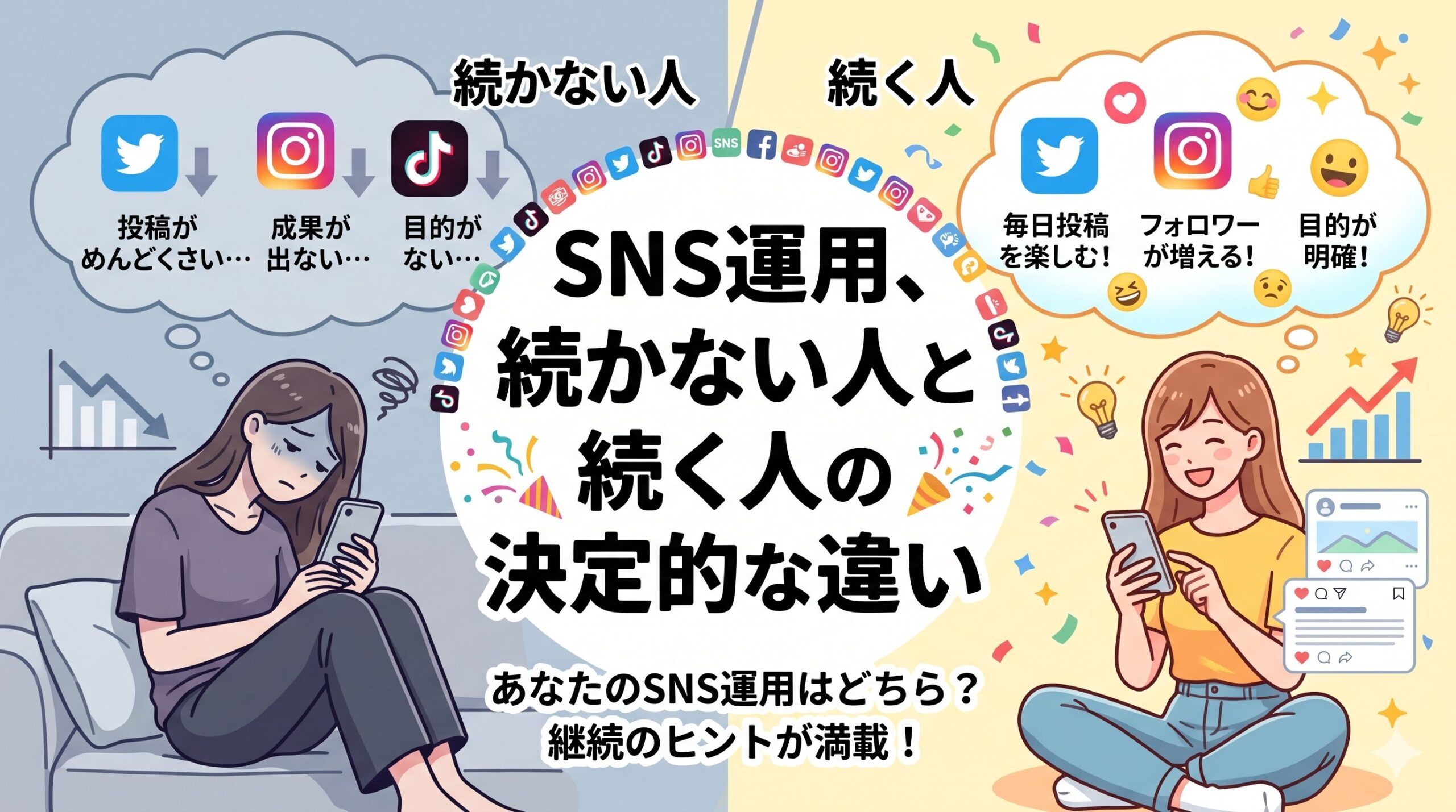 SNS運用が続かずに悩む女性と、楽しみながら継続している笑顔の女性を対比させたイラスト。中央に「SNS運用、続かない人と続く人の決定的な違い」というタイトル文字が配置されています。