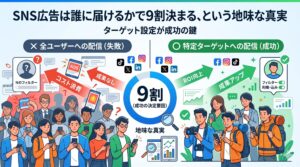 SNS広告の成果における「ターゲット設定」の重要性を対比させたアイキャッチ画像。上部には「SNS広告は誰に届けるかで9割決まる、という地味な真実」と「ターゲット設定が成功の鍵」というタイトル。左側は赤を基調とし、広範囲すぎる無差別配信（CPM浪費）により疲弊し、広告に反応しない人々と、コインがこぼれる壊れたファネルを描写。右側は緑を基調とし、精密なセグメンテーション（成果最大化）により、特定の趣味関心（写真、旅行、キッチン家電）に合った広告に笑顔で反応する人々と、金貨が積み上がる健全なファネルを描写。中央には「9割（成功の決定要因）」と「地味な真実」を、拡大鏡で分析された成果データとともに配置。