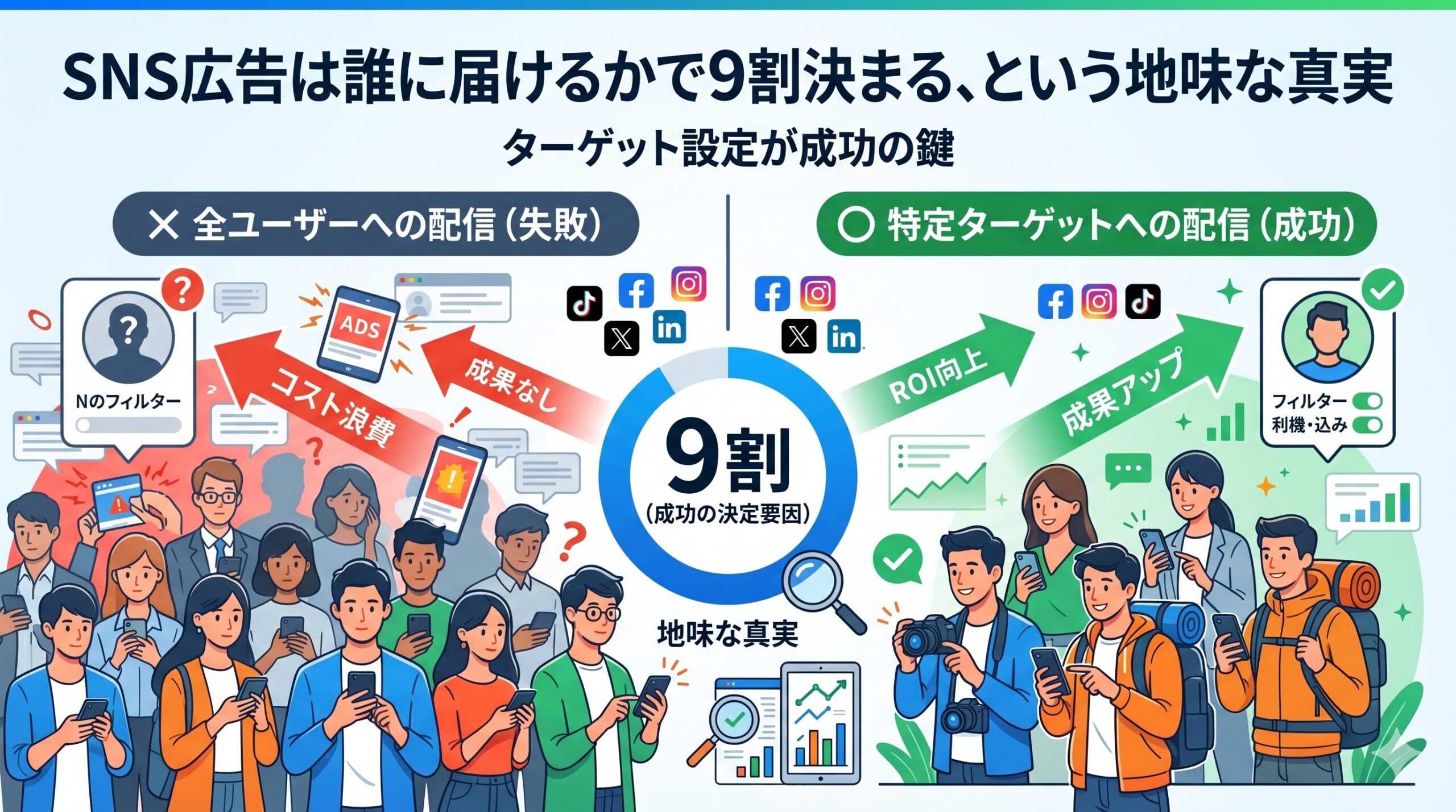 SNS広告の成果における「ターゲット設定」の重要性を対比させたアイキャッチ画像。上部には「SNS広告は誰に届けるかで9割決まる、という地味な真実」と「ターゲット設定が成功の鍵」というタイトル。左側は赤を基調とし、広範囲すぎる無差別配信（CPM浪費）により疲弊し、広告に反応しない人々と、コインがこぼれる壊れたファネルを描写。右側は緑を基調とし、精密なセグメンテーション（成果最大化）により、特定の趣味関心（写真、旅行、キッチン家電）に合った広告に笑顔で反応する人々と、金貨が積み上がる健全なファネルを描写。中央には「9割（成功の決定要因）」と「地味な真実」を、拡大鏡で分析された成果データとともに配置。