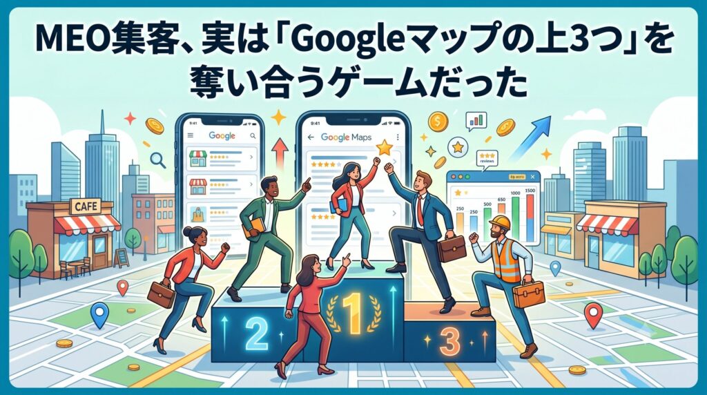 ブログ記事「LP運用、実は『直す場所』さえ分かれば9割うまくいく」のアイキャッチイラスト。LP（ランディングページ）のウェブサイトワイヤーフレームを中央に配置し、2人の人物が虫眼鏡でフォームやCTA（コール・トゥ・アクション）ボタンなどの「直す場所」を特定し、改善箇所を指さしている。吹き出しには「ここを直せば劇的改善！」と書かれ、改善後のCVR（コンバージョン率）向上を示すグラフと「9割うまくいく」というテキストが描かれている。