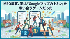 ブログ記事「LP運用、実は『直す場所』さえ分かれば9割うまくいく」のアイキャッチイラスト。LP（ランディングページ）のウェブサイトワイヤーフレームを中央に配置し、2人の人物が虫眼鏡でフォームやCTA（コール・トゥ・アクション）ボタンなどの「直す場所」を特定し、改善箇所を指さしている。吹き出しには「ここを直せば劇的改善！」と書かれ、改善後のCVR（コンバージョン率）向上を示すグラフと「9割うまくいく」というテキストが描かれている。