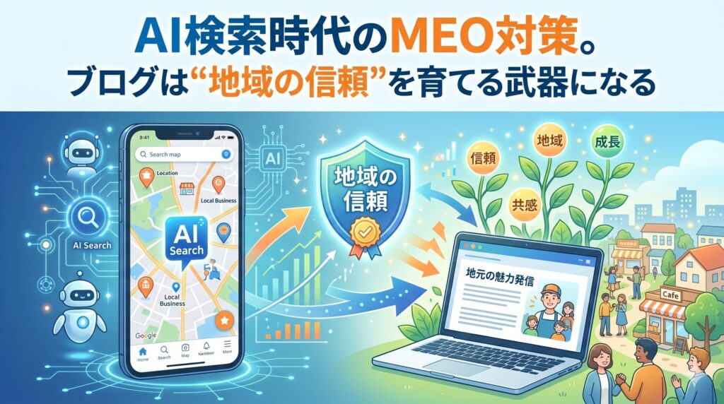 「AI検索時代のMEO対策。ブログは“地域の信頼”を育てる武器になる」という日本語タイトルが書かれたアイキャッチ画像。左側にAIアシスタントとマップ検索が表示されたスマートフォン、中央に「地域の信頼」と書かれた盾、右側に「地元の魅力発信」と書かれたノートパソコンがあり、ブログから信頼、成長、共感が植物のように育ち、活気ある街と人々につながる様子を描いている。