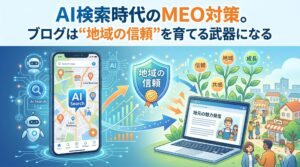 「AI検索時代のMEO対策。ブログは“地域の信頼”を育てる武器になる」という日本語タイトルが書かれたアイキャッチ画像。左側にAIアシスタントとマップ検索が表示されたスマートフォン、中央に「地域の信頼」と書かれた盾、右側に「地元の魅力発信」と書かれたノートパソコンがあり、ブログから信頼、成長、共感が植物のように育ち、活気ある街と人々につながる様子を描いている。