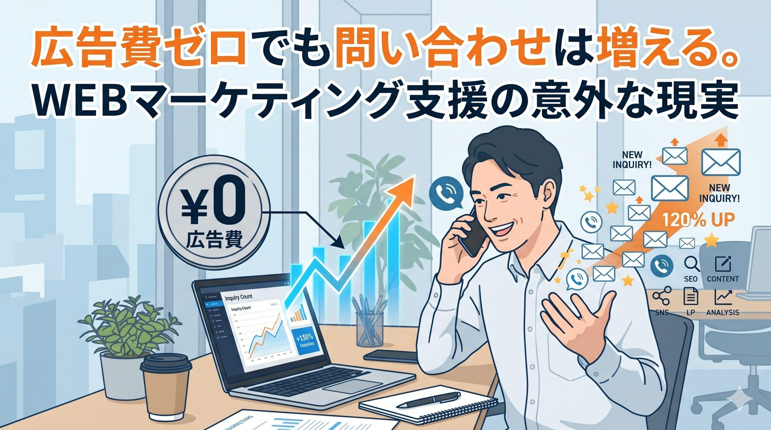 「広告費ゼロでも問い合わせは増える。WEBマーケティング支援の意外な現実」のテキストと、右肩上がりのグラフや多数の問い合わせ通知を見て笑顔で電話対応をするビジネスマンのイラスト