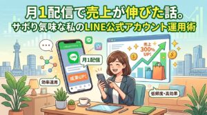 「月1配信で売上が伸びた話。サボり気味な私のLINE公式アカウント運用術」というタイトルの記事アイキャッチ画像。スマートフォンでLINE公式アカウントを操作する女性と、売上300%アップを示すグラフのイラスト。