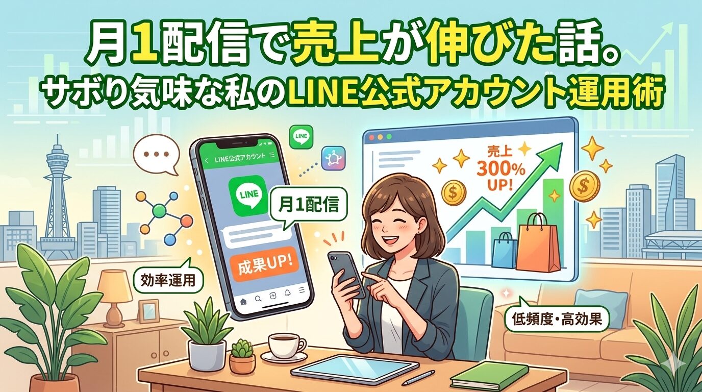 「月1配信で売上が伸びた話。サボり気味な私のLINE公式アカウント運用術」というタイトルの記事アイキャッチ画像。スマートフォンでLINE公式アカウントを操作する女性と、売上300%アップを示すグラフのイラスト。