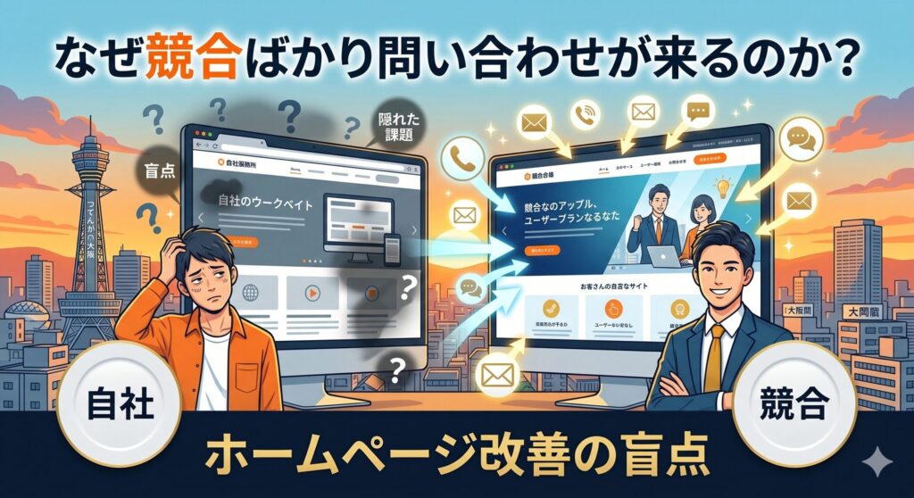 大阪の街並みを背景に、問い合わせがなく頭を抱える自社の担当者と、問い合わせが殺到して笑顔を見せる競合他社の担当者を左右で対比させたイラスト