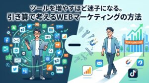 「AI時代に売れるLP制作の条件。今までのデザイン重視、半分は通用しません」というテキストが配置された、従来のLPとAI時代のLPを比較するアイキャッチ画像。左側はデザイン重視でコンバージョンが低下する様子、右側はデータドリブンで売上が向上する様子を描画しています。