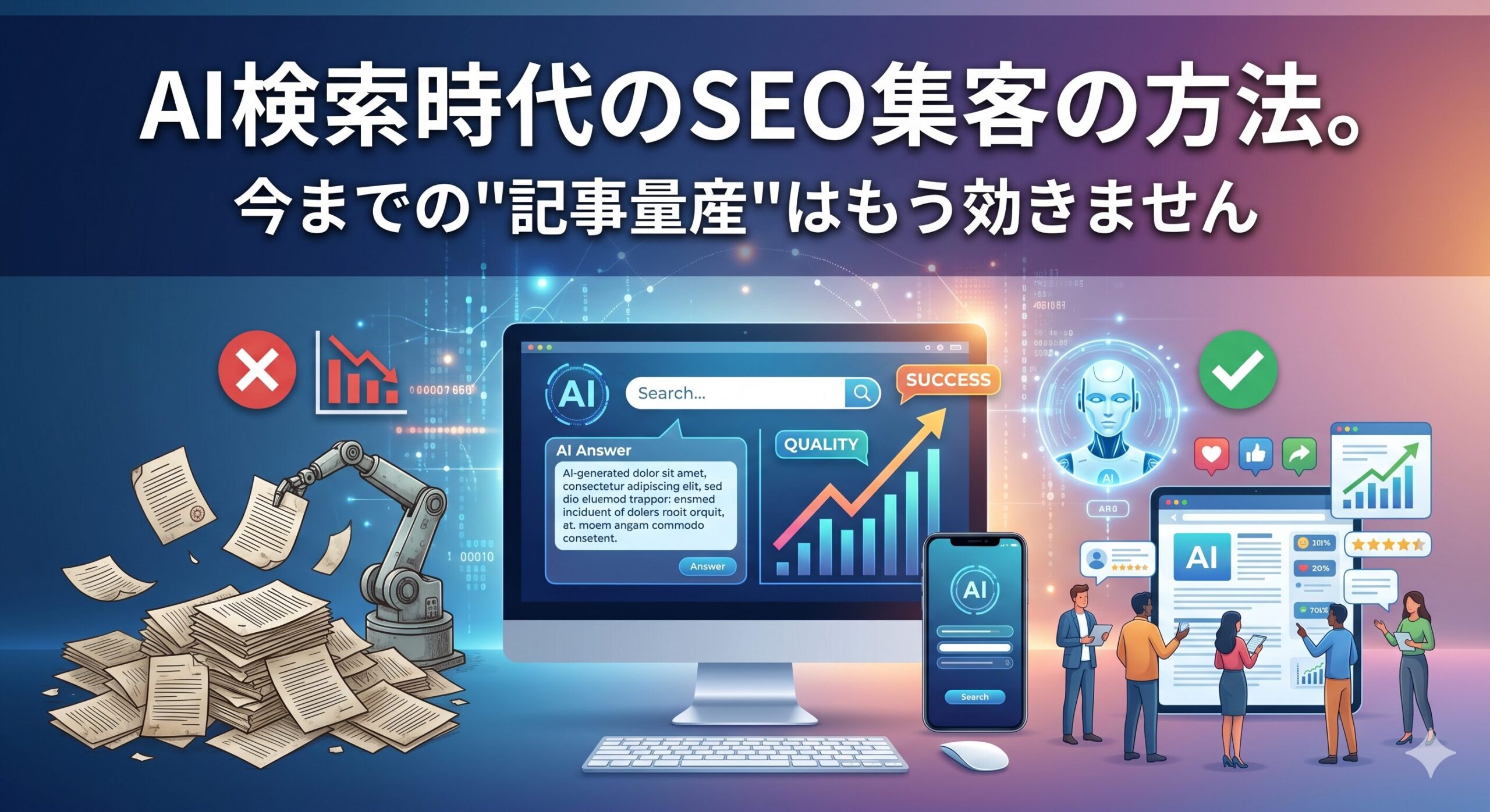 「AI検索時代のSEO集客の方法。今までの"記事量産"はもう効きません」のタイトル文字とともに、左側には機械による無機質な記事量産とアクセスの低下（赤いバツ印）、右側にはAIを活用した高品質なコンテンツ提供による成功（緑のチェックマークと上昇トレンド）を対比させて描いたアイキャッチ画像。