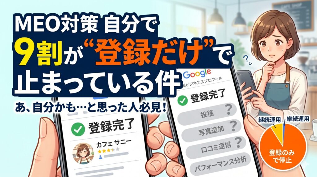 「MEO対策 自分で 9割が"登録だけ"で止まっている件」というテキストと、Googleビジネスプロフィールの運用に悩む女性を描いたイラスト