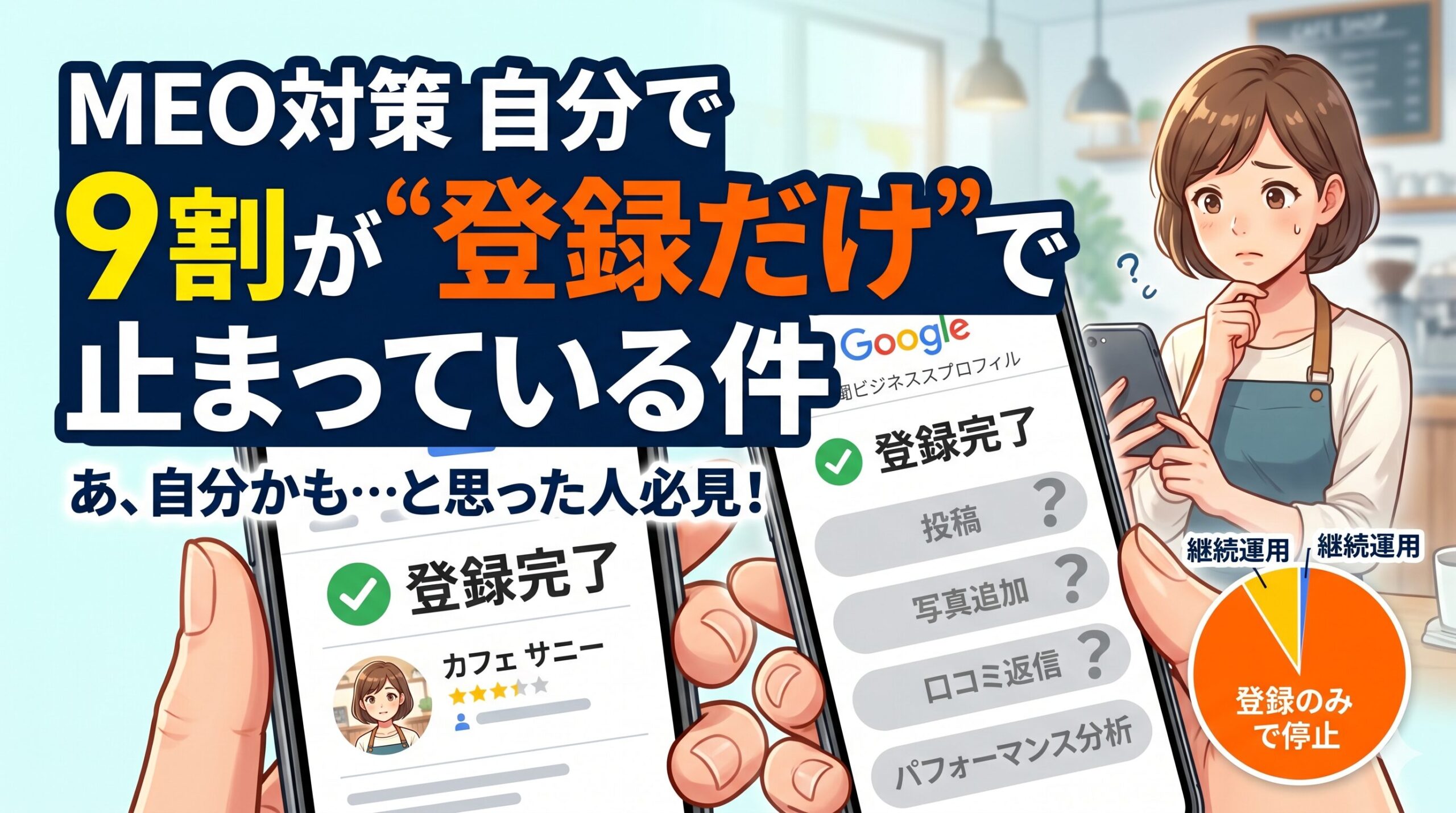 「MEO対策 自分で 9割が"登録だけ"で止まっている件」というテキストと、Googleビジネスプロフィールの運用に悩む女性を描いたイラスト