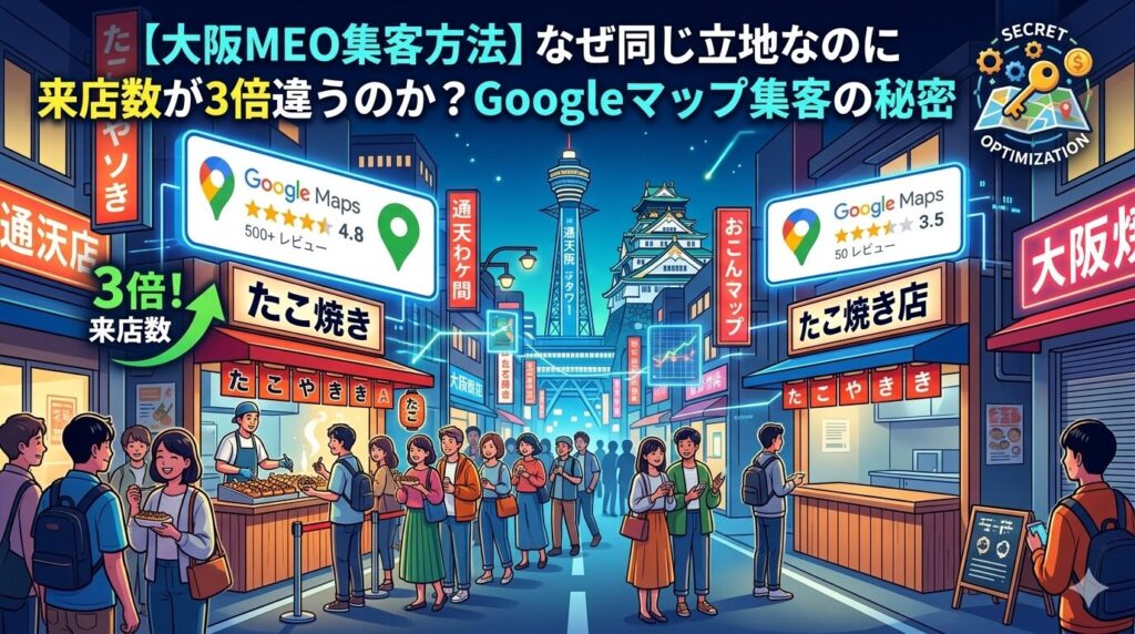 大阪の夜の街並みを背景に、Googleマップの高評価（4.8）を得て行列ができるたこ焼き店と、低評価（3.5）で客足が少ない店を対比させ、来店数に3倍の差が生まれる様子を視覚化したイラスト