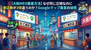 大阪の夜の街並みを背景に、Googleマップの高評価（4.8）を得て行列ができるたこ焼き店と、低評価（3.5）で客足が少ない店を対比させ、来店数に3倍の差が生まれる様子を視覚化したイラスト