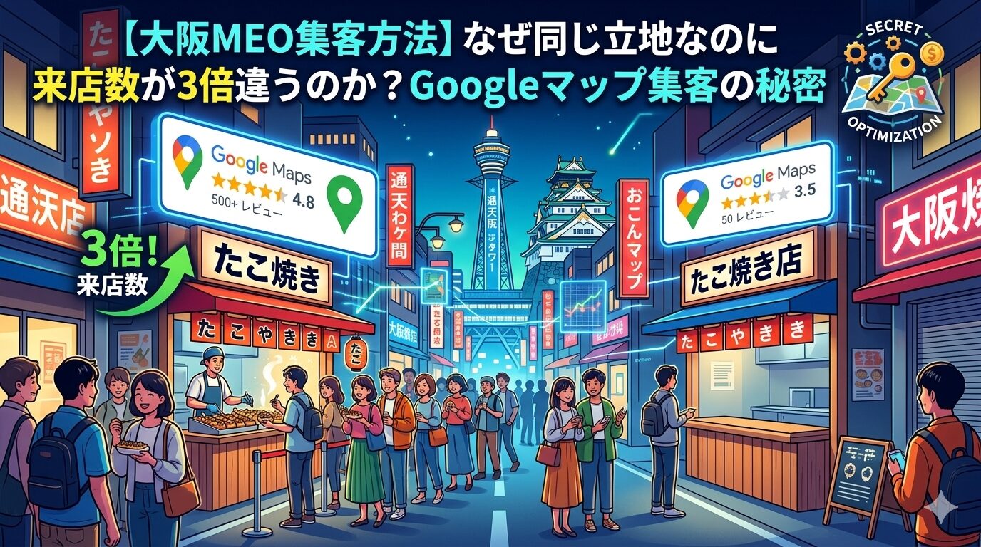 大阪の夜の街並みを背景に、Googleマップの高評価（4.8）を得て行列ができるたこ焼き店と、低評価（3.5）で客足が少ない店を対比させ、来店数に3倍の差が生まれる様子を視覚化したイラスト