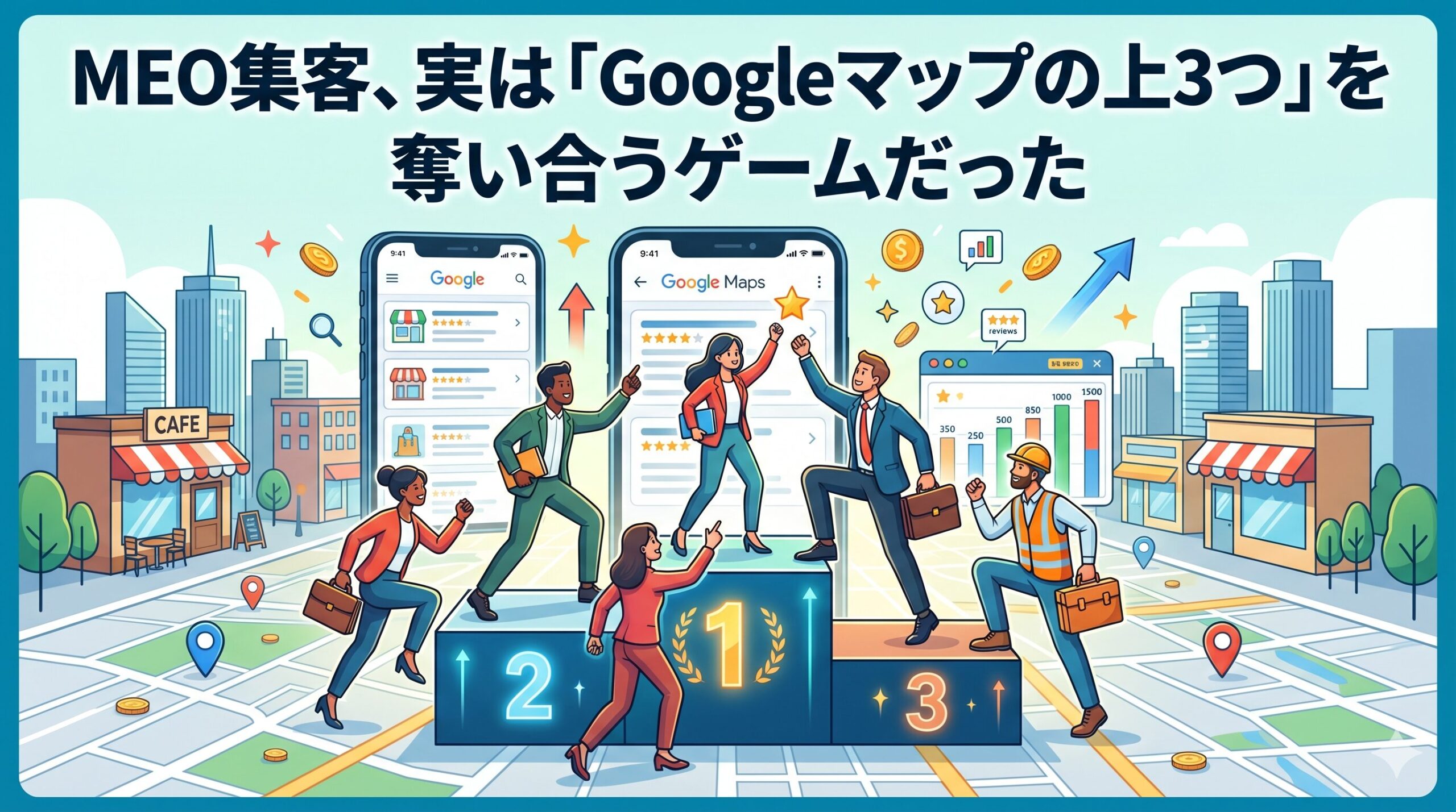 「MEO集客におけるGoogleマップ上位3位の争い」をテーマにしたイラスト。地図と街並みを背景に、Googleマップの検索結果が表示されたスマートフォンの前で、ビジネスパーソンたちが1位、2位、3位の表彰台へ競って登る様子を描いている。