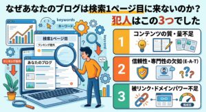 このインフォグラフィックは、ブログが検索エンジンの1ページ目に表示されない3つの主要な原因を解説しています。中央には、男が虫眼鏡を使ってラップトップ上の検索順位の低さを調査している様子が描かれ、様々なSEO関連のアイコン（キーワード、ランキング圏外など）が浮いています。右側には番号付きの3つの理由がリストされています。1.（オレンジ）「コンテンツの質・量不足」（電球、ノートブック、ペン、紙片のアイコン）。2.（赤紫）「信頼性・専門性の欠如 (E-A-T)」（盾、ユーザープロフィール、クエスチョンマークのアイコン）。3.（緑）「被リンク・ドメインパワー不足」（リンクチェーン、接続されたブラウザウィンドウ、権威メーター（「権威低」）のアイコン）。スタイルはクリーンなカートゥーン風です。
