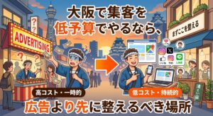 「大阪で集客を低予算でやるなら、広告より先に整えるべき場所」というテキストと、高額な広告費に悩む店主と、GoogleマップやSNSなどの集客基盤を整え笑顔を見せる店主の対比イラスト