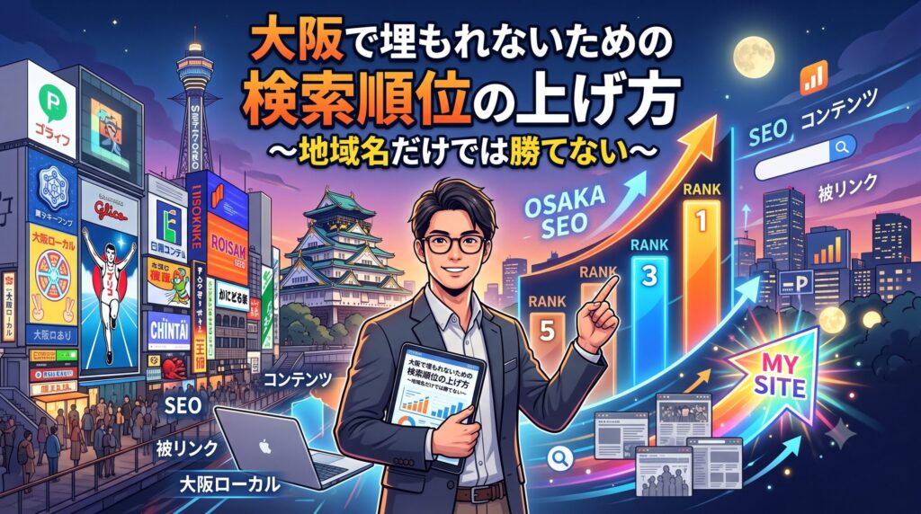 ブログ記事「大阪で埋もれないための検索順位の上げ方～地域名だけでは勝てない～」のアイキャッチ画像。大阪の街並みと検索順位上昇のグラフを背景に、タブレットを持つビジネスパーソンが描かれている。
