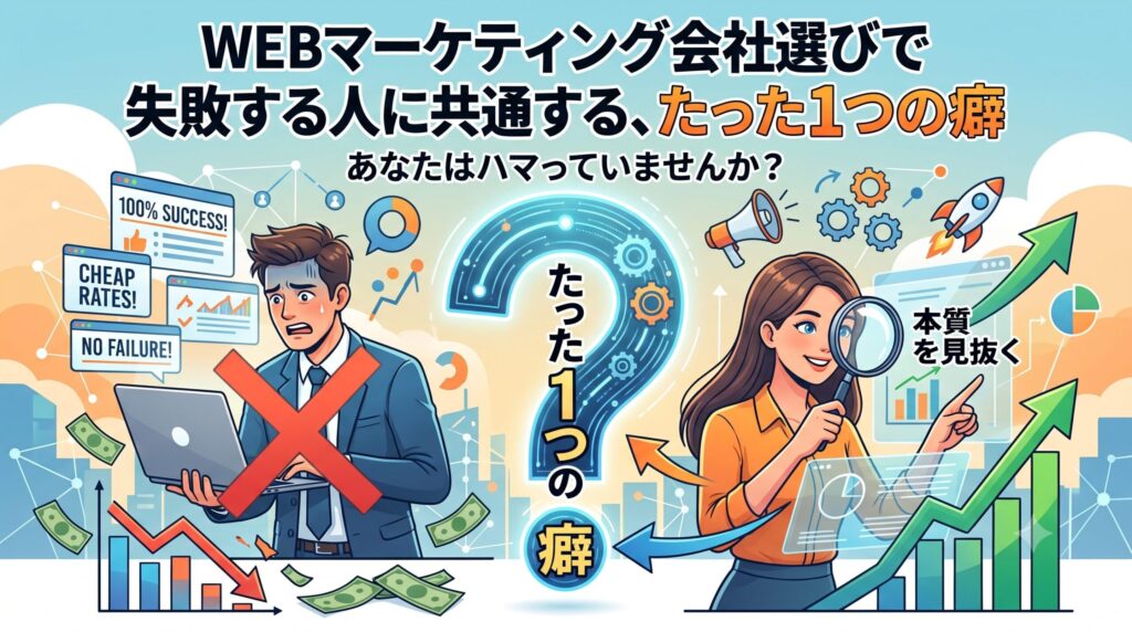 WEBマーケティング会社選びで失敗する人の特徴と、本質を見抜いて成功する人の違いを対比したイラスト