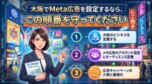 大阪の街並みを背景に、Meta広告の正しい設定手順を3ステップで解説するビジネスウーマンのイラスト。「大阪でMeta広告を設定するなら、この順番を守ってください」のテキスト入り