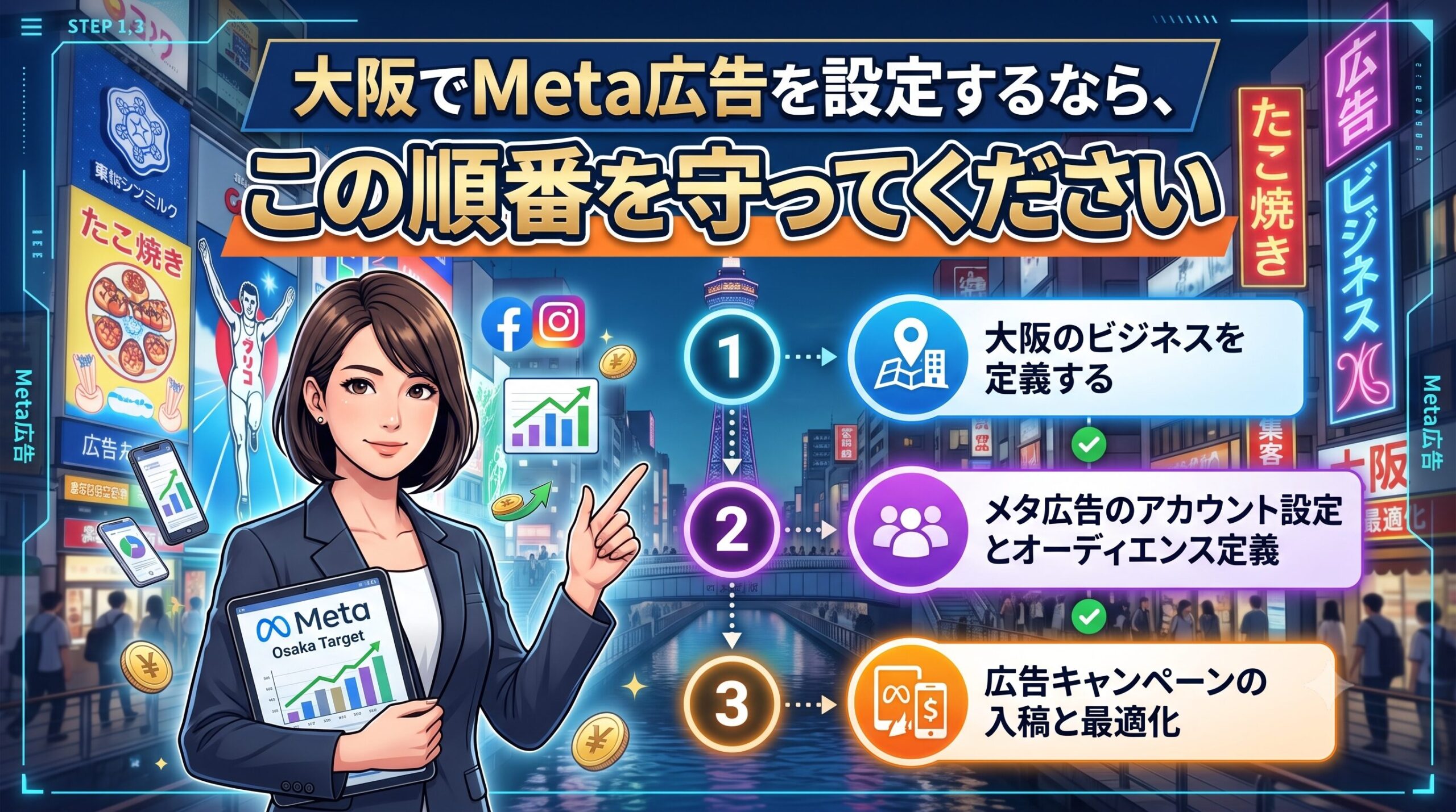 大阪の街並みを背景に、Meta広告の正しい設定手順を3ステップで解説するビジネスウーマンのイラスト。「大阪でMeta広告を設定するなら、この順番を守ってください」のテキスト入り