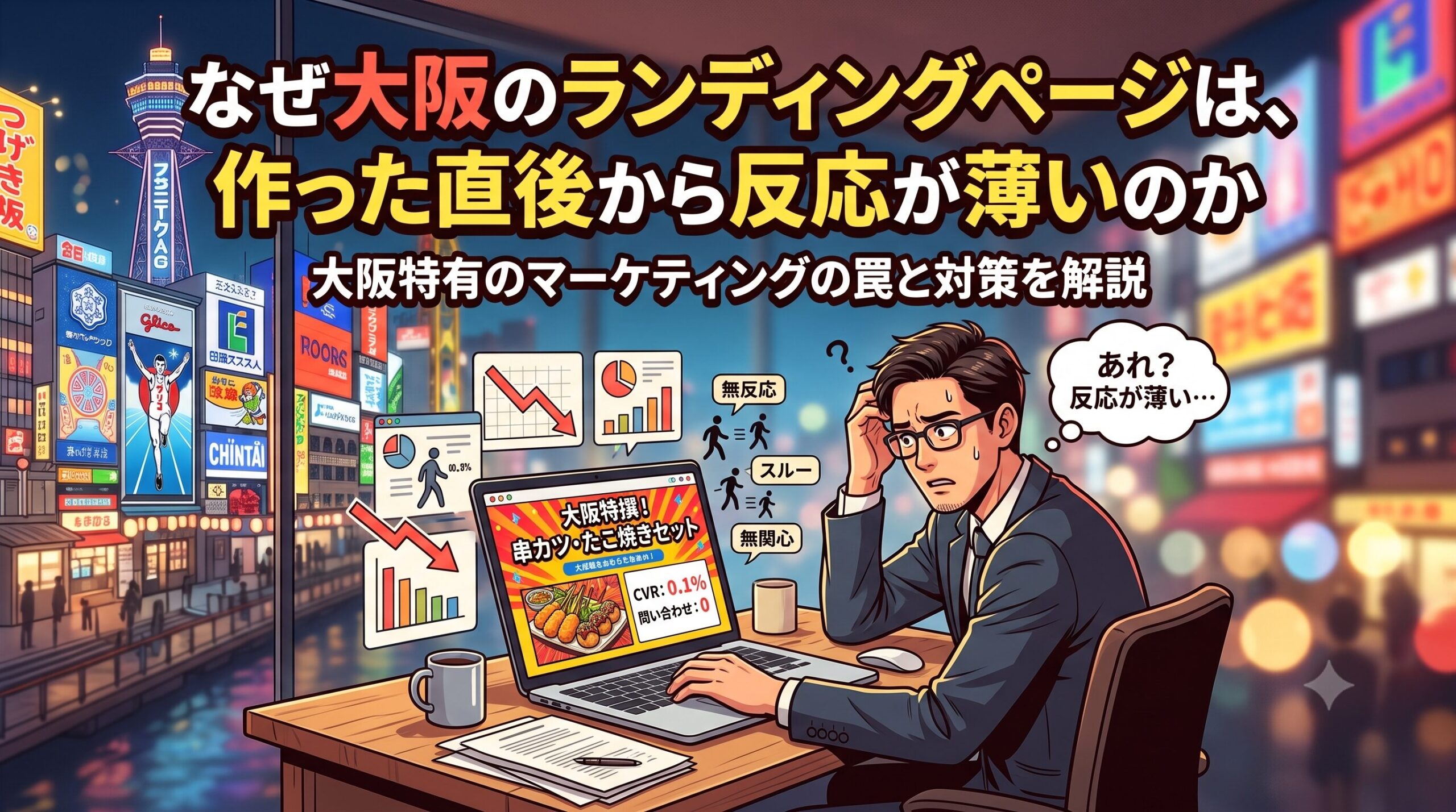 「なぜ大阪のランディングページは、作った直後から反応が薄いのか」というテキストが入った、ブログ記事用のアイキャッチイラスト。夜のデスクで、問い合わせゼロ、CVR 0.1%と表示された串カツとたこ焼きのランディングページを見て頭を抱えるビジネスマン。その周囲には、「無反応」「スルー」「無関心」を意味する小さなフィギュアと、下向きのグラフのアイコンが並ぶ。背景には、有名なランナーとタワーが輝くネオンの大阪の街並みが広がる。