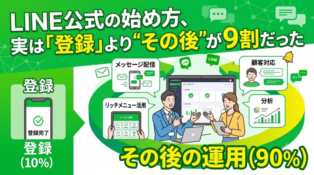 「LINE公式の始め方、実は『登録』より"その後"が9割だった」というブログ記事のアイキャッチ画像。左側に「登録(10%)」を示すスマホ画面、右側に大きく「その後の運用(90%)」として、ダッシュボード画面を見ながら話し合うビジネスパーソンのイラストが描かれている。周囲には「メッセージ配信」「リッチメニュー活用」「顧客対応」「分析」といった運用業務の吹き出しが配置されている。