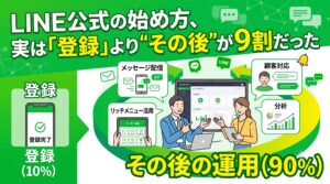 「LINE公式の始め方、実は『登録』より"その後"が9割だった」というブログ記事のアイキャッチ画像。左側に「登録(10%)」を示すスマホ画面、右側に大きく「その後の運用(90%)」として、ダッシュボード画面を見ながら話し合うビジネスパーソンのイラストが描かれている。周囲には「メッセージ配信」「リッチメニュー活用」「顧客対応」「分析」といった運用業務の吹き出しが配置されている。