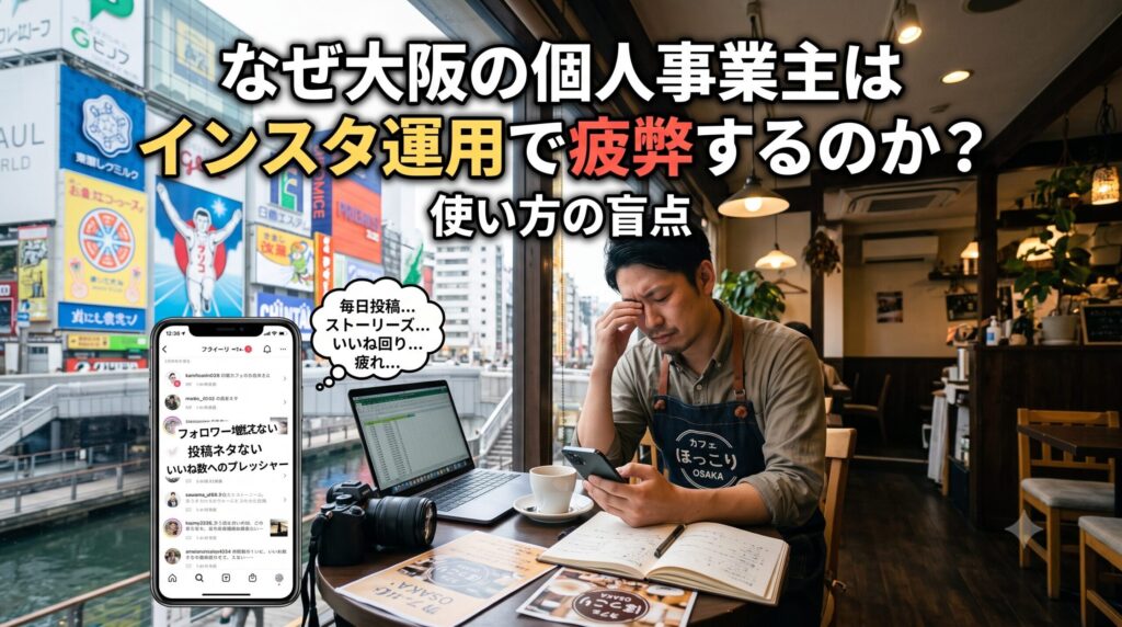大阪の道頓堀を背景に、カフェでスマホを見ながらインスタ運用に疲弊している個人事業主の男性。「なぜ大阪の個人事業主はインスタ運用で疲弊するのか？使い方の盲点」というテキストと、毎日投稿やフォロワー獲得、いいね回りに悩む様子が描かれたイラスト。