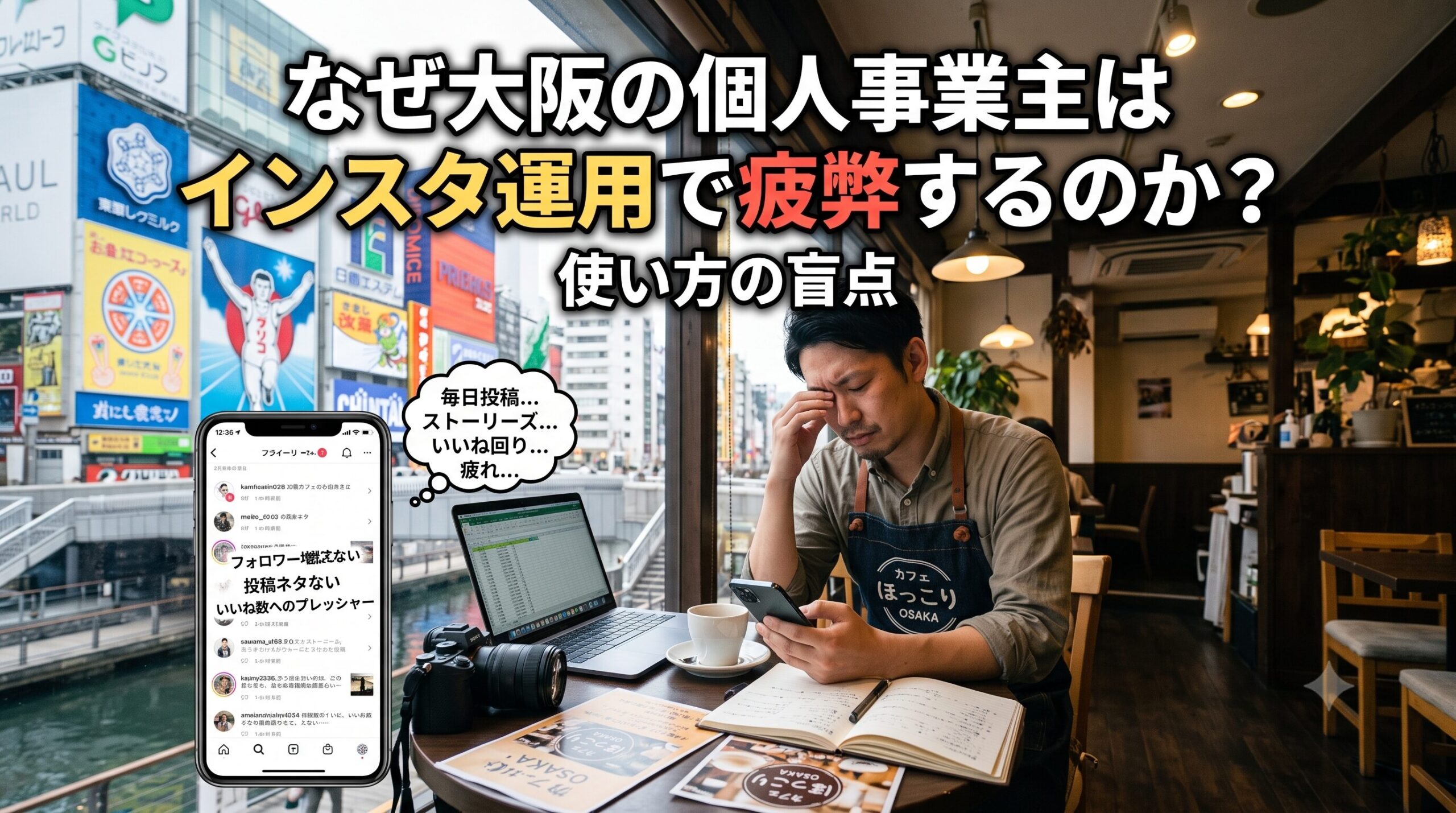 大阪の道頓堀を背景に、カフェでスマホを見ながらインスタ運用に疲弊している個人事業主の男性。「なぜ大阪の個人事業主はインスタ運用で疲弊するのか？使い方の盲点」というテキストと、毎日投稿やフォロワー獲得、いいね回りに悩む様子が描かれたイラスト。