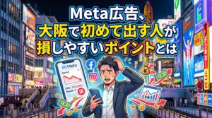 Meta広告の運用で失敗し頭を抱える大阪のビジネスマンを描いたアイキャッチ画像。「Meta広告、大阪で初めて出す人が損しやすいポイントとは」の文字入り