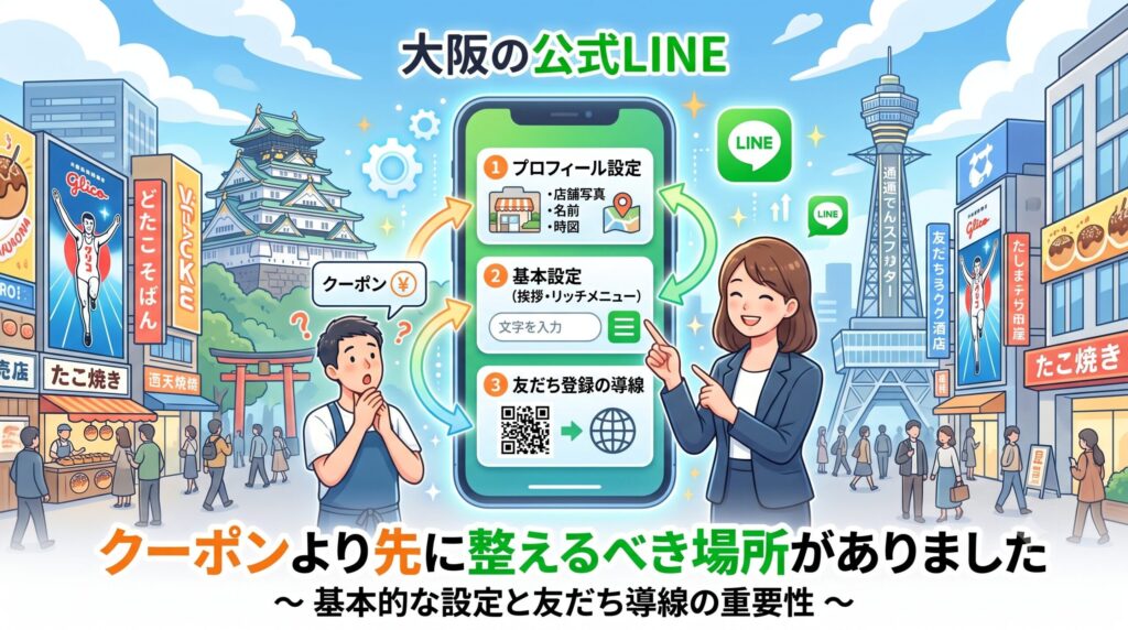 大阪の街並みを背景に、公式LINEのクーポン配信よりも優先すべき、リッチメニューやプロフィール設定などの土台構築を重要視する様子を図解したイラスト