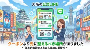 大阪の街並みを背景に、公式LINEのクーポン配信よりも優先すべき、リッチメニューやプロフィール設定などの土台構築を重要視する様子を図解したイラスト